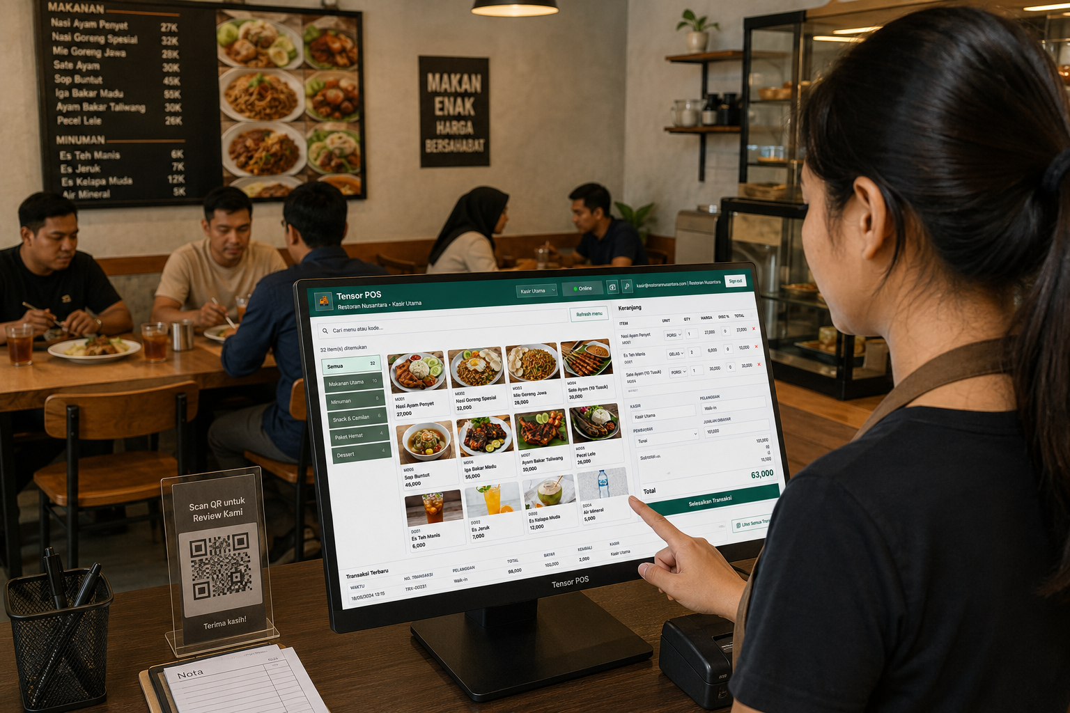 Tensor POS pada layar kasir restoran dan kafe