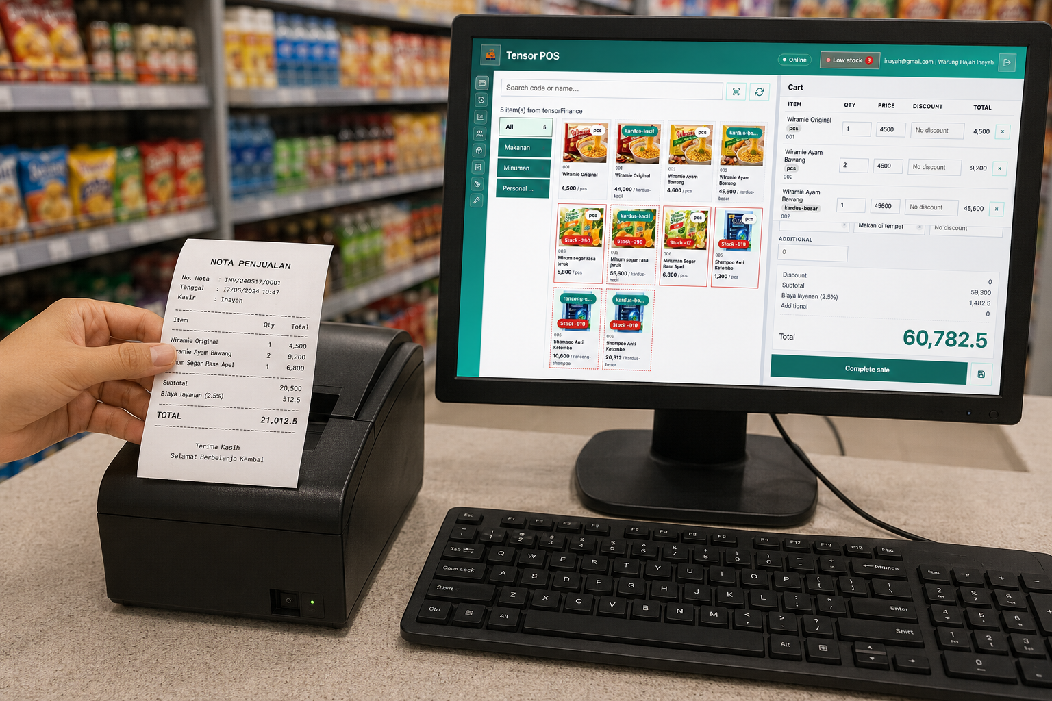 Pencetakan nota penjualan Tensor POS untuk coffee shop