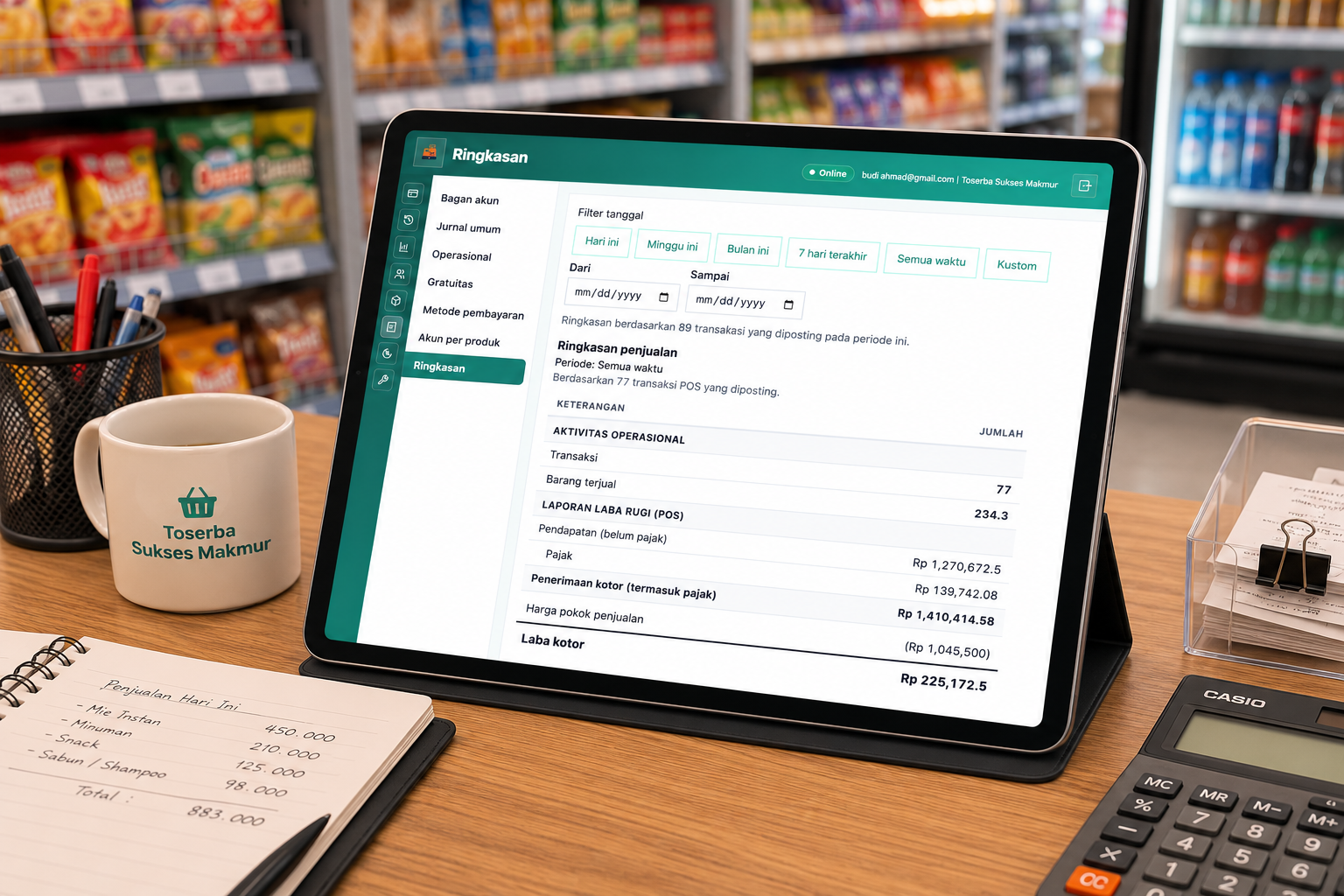 Ringkasan operasional dan laba rugi coffee shop pada tablet